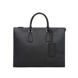 Prada 2VG039 Silk-screened Logo Saffiano Leather Briefcase In Black