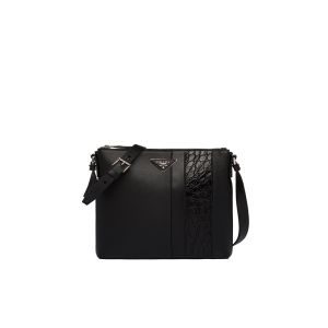Prada 2VH089 Saffiano And Crocodile Leather Cross-Body Bag In Black