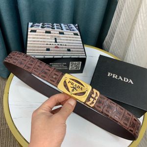 Prada Croc Embossed Leather Belt In Brown/Gold