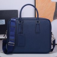 Prada 2VE363 Side Triangle Saffiano Leather Briefcase In Blue