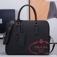 Prada 2VE368 Silk-screened Logo Saffiano Leather Briefcase In Black/Red