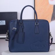 Prada 2VE368 Silk-screened Logo Saffiano Leather Briefcase In Blue