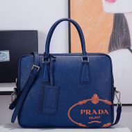 Prada 2VE368 Silk-screened Logo Saffiano Leather Briefcase In Blue/Orange