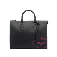 Prada 2VG039 Silk-screened Logo Saffiano Leather Briefcase In Black/Red