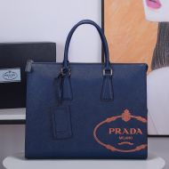 Prada 2VG039 Silk-screened Logo Saffiano Leather Briefcase In Blue/Orange