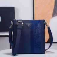 Prada 2VH089 Saffiano And Crocodile Leather Cross-Body Bag In Blue